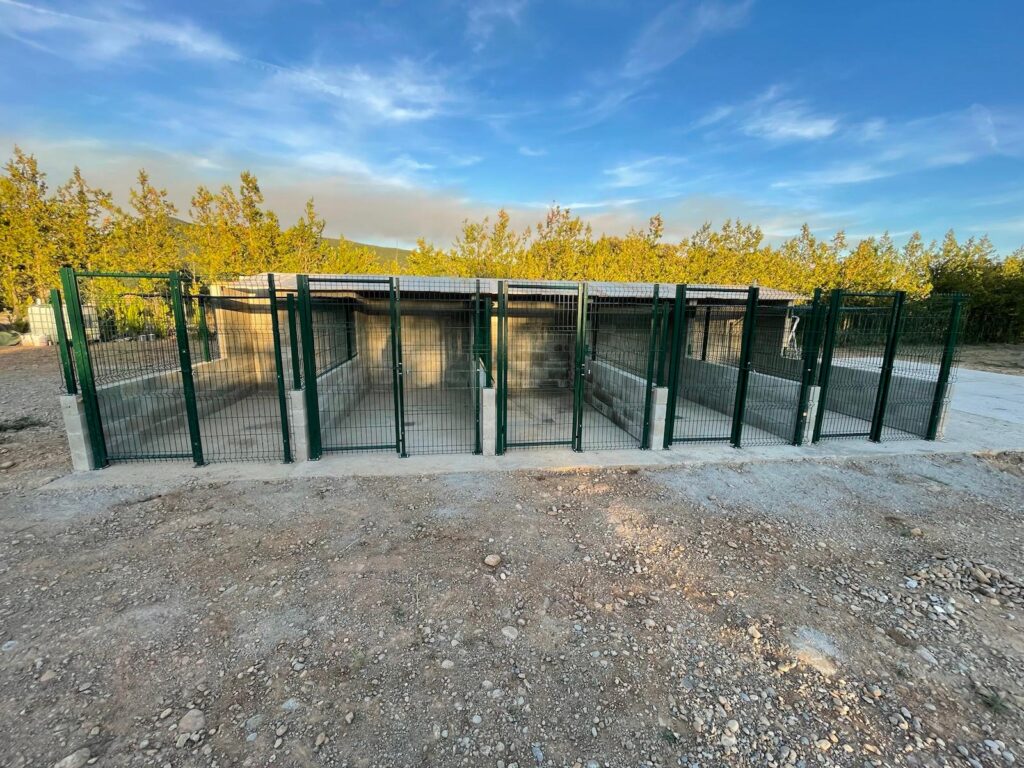 Hilera de cheniles individuales con puertas verdes y cubierta, al atardecer